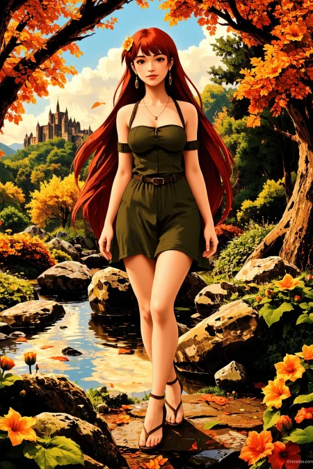 long hair red hair (young woman), (druid:1.2), anime, illustration, (extremely detailed), (portrait), (standing:1.2), (happy smile), flower in hair, glossy lipstick, celtic necklace, oval earrings, loincloth, (sandals),  Olive Green (druid short dress), (legs), heels, (sharp focus),  fantasy, (beautiful celtic landscape:0.9), (small rock:0.9), (moss:0.4), (ripples, reflections:0.8), celtic  castle, (small river small pond:0.5), druid forest, (druid village:1.2), (stunning nature environment:0.8), (enchanted land:0.5), clovers, (Bright Orange flowers:0.9), leaves,bright (sunny sky), (sunset:0.3), best quality, colorful, wet floor, raytracing, hdr, high contrast, ethereal natural lights, backlight, (lens flare:0.4), shadows, (vibrant colors, colorful):0.6, pretty, beautiful, happy, smiling, feminine, sexy, lovely, in love, adorable, fashion,  <lora:Hand v2:1> <lora:Anti-Blur:1><lora:Insane Detail Slider:0.5>  <lora:flux.1_lora_flyway_Epic-detail_v2:0.3><lora:fluxenhancer:0.5> <lora:RetroAnimeFluxV1:0.4> <lora:Luminous_Shadowscape:0.4>