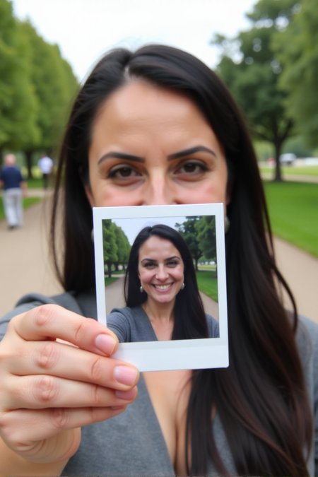 A woman, Ezada, is holding a Polaroid photo of herself in front of her face. The background of the image is blurred, showing a park or outdoor setting with trees and people in the distance. The focus is on the Polaroid, creating a visual contrast between the sharp, happy image in the photo and the blurred, real-life background behind it.<lora:Mistress_Ezada_Sinn:1>âââ