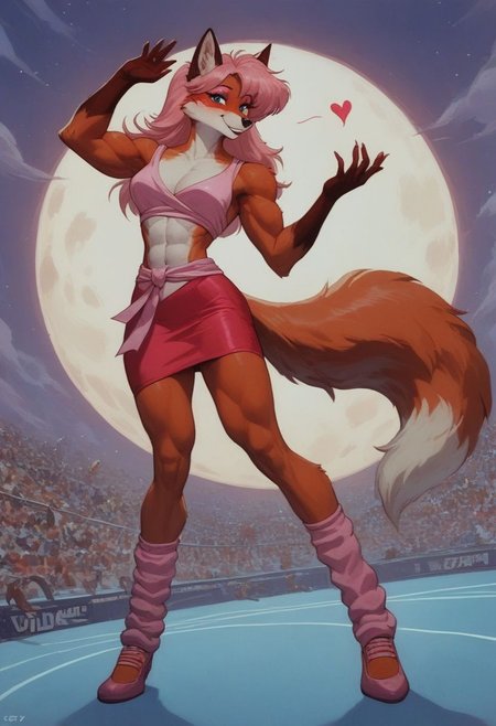 (score_9, score_8_up:1.1), score_7_up, retrofuturism, retro artstyle, furry, anthro, 1girl, gorgeous red fox girl, (muscular female, abs:1.3), tall, (long legs, strong legs), extended leg, long pink hair, blue eyes, pink fringe sash, pink eyeshadow, smile,  sexy, beautiful face, bulging breasts, breasts exposed, calves, wearing leg warmers, (dancing aerobics), (exercising), (dynamic pose:1.3), (retro TV show), crowded, girl looking at viewer, blushing, worried, wide angle, full body, intricate detail, floating hearts,