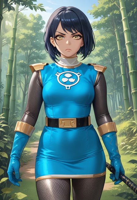 score_9, score_8_up, score_7_up, BREAK,
1girl, solo, BREAK,
sentaikageblue, shiny clothes, spandex, BREAK,
silver bodysuit, fishnet bodysuit, bodysuit under clothes, aqua dress, shoulder pads, aqua skirt, black belt, BREAK,
aqua gloves, no headwear, BREAK,
ku70u5a4a, dark hair, short hair, yellow eyes, medium breasts, thick thighs, BREAK,
standing, serious, BREAK,
dutch angle, outdoors, forest, bamboo, evening,