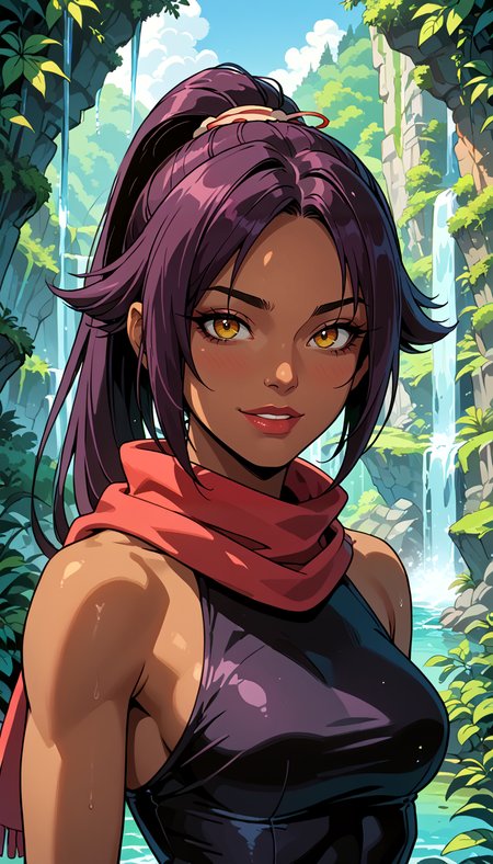 score_9, score_8_up, score_7_up, Western Comics, Portrait, Shihouin Yoruichi, cute, seductive, innocent, light smile:0.3, plump lips, slender body, cute dark skin, ponytail, leotard, scarf, waterfalls background, depth of field, dynamic angle, fashion photography, sharp, hyperdetailed:1.15