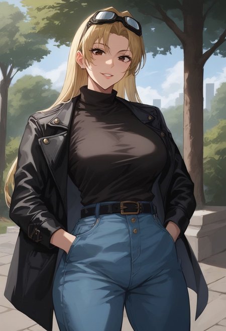 score_9, score_8_up, score_7_up, source_anime,  uncensored, <lora:Viper_Risen-000014:1>, v1p3r1seV6, BREAK, 1girl, long hair, blonde hair, brown eyes, Yuki Tsukumo, turtleneck, black shirt, black leather jacket, leather jacket, goggles, goggles on head, denim jeans, black belt, big breasts, curvy, big ass, seductive smile, seductive eyes, smile, head tilt, smile, parted lips, looking at viewer, solo, cowboy shot, dynamic pose, hands in pockets, outdoors, park, bridge, sunset,