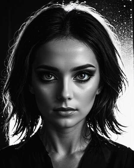 Silhouette style woman,  low light, dramatic lighting, darkness, window lighting, eye lighting, water, black background,   <lora:S4ndr4_mm4:0.9> S4ndr4 . High contrast, minimalistic, black and white, stark, dramatic