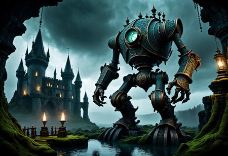 giant bipedal robot dirty pale blue and dark green, bronze paisley robot. lacy robot metal telescope head. outside of a steampunk keep. large detailed torso. dark image. one forty foot tall ancient robot with great arms and two heavy spring legs. dark foggy night background. $dark foggy night image only. dark photo realistic image. steampunk details. cogs, chains and pipes incorporated in the fantasy buildings. magic wizards tower in background. Dark swamp, moss, castle ruins, wizards tower. stormy dark night.  stormy sky.