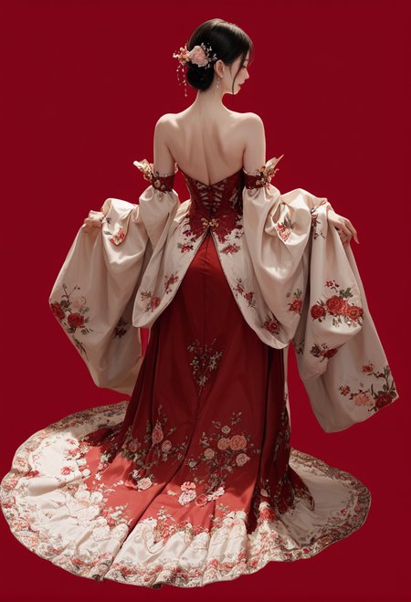 1girl,red background,,ruanyi1007,bare shoulders,detached sleeves,red dress,floral print,strapless dress,
full body,from behind,<lora:1007 Chinese wedding dress_v1_pony:1>, score_9, score_8_up, score_7_up, score_6_up, score_9, score_8_up, score_7_up, score_6_up source_anime, blush, 1girl, seduce smile, perfect body , natural huge breasts