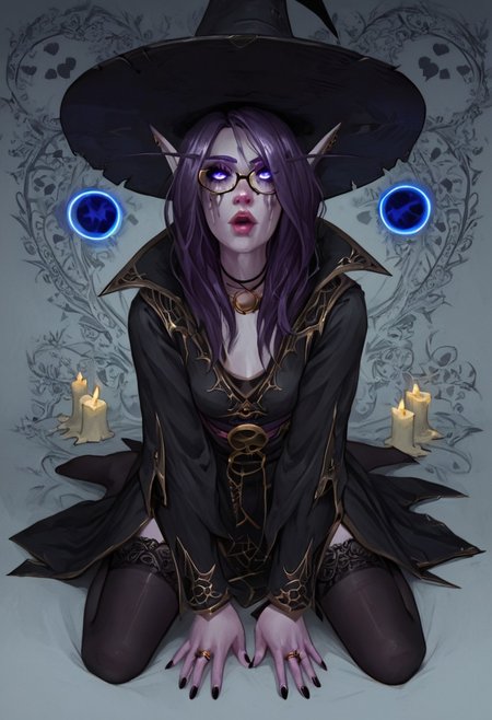 masterpiece, score_9, score_8_up, score_7_up, score_6_up, score_5_up, score_4_up, 1girl, glowing purple eyes, light purple skin, Void elf, elf ears, long hair, purple hair, purple skin, petite body, playful, hearts, very cute, sexy black witch outfit, black witch hat, black thighhighs, kneeling, mouth open, looking up at viewer orgasm, witch hut background, d3t41l3d, 4ng3l face, W1tchyC0ttagec0re, eyeliner, heavy makeup, eye makeup, witch cottage, full body view, dynamic lights, high contrast, absurdred
(high detailled background), detailled face, alchemist lab background, bookshelf, alchemist tools, candles, glasses, books