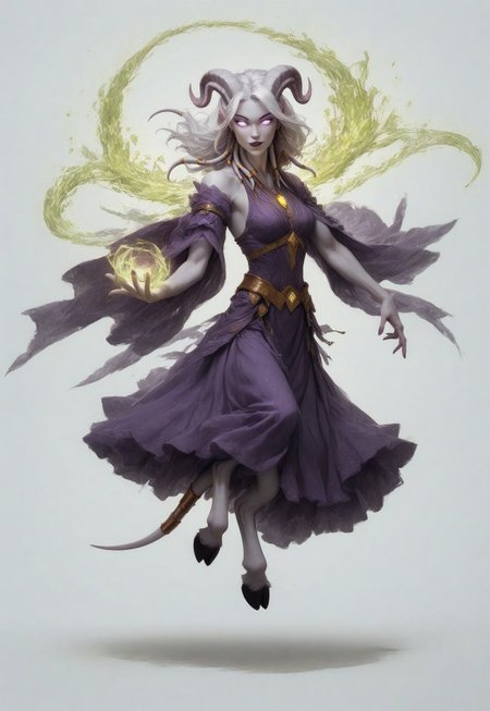 (absurdres, highres, best quality, masterpiece:1.4), 
score_9, score_8_up, score_7_up, score_6_up, 
detailed, 
detailed body, 
detailed face, 

(culDraenei, 
female, 
purple eyes, 
no sclera, 
no pupils, 
athletic, 
tall, 
slim, 
pale skin,
grey skin, 
long ears),

loose long purple dress,  
yellow pendant, 
sleeveless, 
magical spell, green aura, 

cheerful, 
(((full body))), 
posing, 
floating, 

(((white background, plain background))), 
(((no objects in background)))