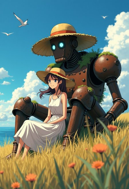 side wide shot of
a ghibli anime style of 2 characters sittings one in between the legs of the other,
a centered mature woman looking away with smile face with long hair blowing in the wind dressed with a summer dress and straw-hat, 
 a strong giant rusty steampunk-robot with a straw-hat sitting, light blue eyes,  faceless, looking up on head and moss on shoulders,
the background is a hill fields landscape on a coastal far old village,
high grass and flowers in the wind, sunny day with a small clouds, birds flying in the sky