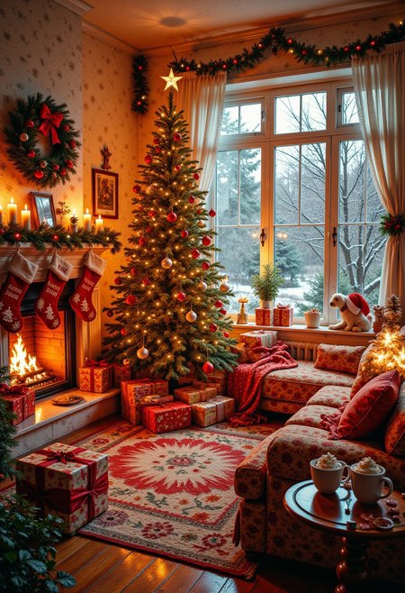 Imagine a magical Christmas living room bursting with festive cheer! The central focus is a grand, fully adorned Christmas tree, sparkling with an array of colorful lights, shimmering tinsel, and whimsical ornaments that tell a story. Underneath, a mountain of beautifully wrapped presents in vibrant, eye-catching paper waits to be unwrapped. The fireplace crackles energetically, emitting a warm glow that dances off the walls, while above it, a charming mantle is draped with lush garlands and sparkling fairy lights. Stockings of all shapes and sizes hang, each personalized with names and filled to the brim with delightful surprises. Make the scene even cozier with a sumptuous rug, plush throw blankets, and holiday-themed pillows strewn about a comfy sectional sofa. An inviting coffee table holds a festive centerpiece of pinecones, cranberries, and candles, alongside mugs of steaming hot chocolate topped with whipped cream and festive sprinkles. Through a large window, soft snowflakes dance down, blanketing the world outside in white, while a soft glow from the room creates a haven of warmth. Add festive touches like a playful puppy wearing a Santa hat, twinkling LED lights strung across the window, and a Christmas wreath adorned with red bows. Capture the joyful spirit of the season in this enchanting scene that radiates warmth, love, and holiday magic!
