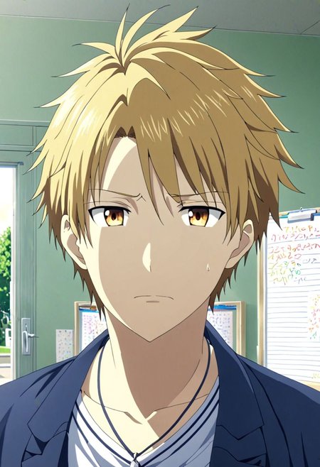 high resolution, solo, best quality, 1Boy, Yamato Ishida, Blond Hair, Necklace, school, school uniform, OverallDetail