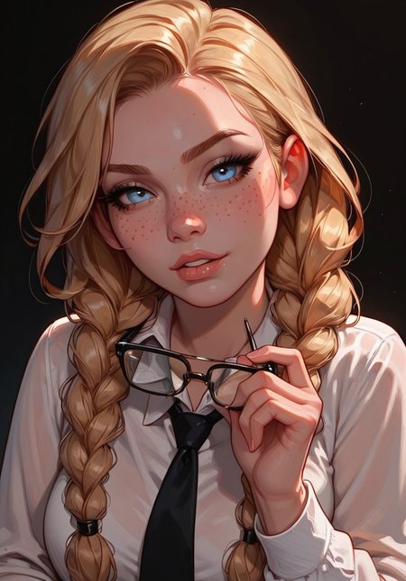 safe_pos, score_9, score_8_up, score_7_up, score_6_up, ((1girl)), cute innocent girl, ((seductive:1.2)), cute face, light blue eyes, (full pouty lips), (bold black eyeliner), ((freckles)), (twin braids), ((blonde hair)), ((head tilted)), perfect face, perfect eyes,

dark background, white shirt, black tie,  stern glasses BREAK.,

hud_b1te_gl4sses, eyewear removed, holding eyewear, parted lips, biting glasses, seductive facial expression,

