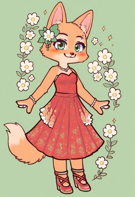 score_9, score_8, score_7, score_8_up, score_7_up, score_6_up, anthro, furry, cute, Diane Foxington, ginger fur, beautiful dress, red dress, detailed dress, swirls