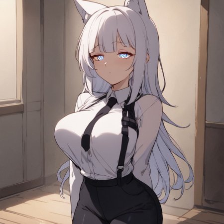 score_9, score_8_up, score_7_up, score_6_up, score_5_up, score_4_up, source_explicit, BREAK, solo, 
  ((cowboy shot)),  
1girl, (White hair, long hair, wolf ears,  hair between eyes, bright blue eyes,  bangs,   (bangs spread out), hair over human ears,, (blunt bangs:1.4),
   (black business suit pants:1.3),  (black business suit coat:1.4), white button up shirt, black tie, black collar,  long and slender body, long legs, curvy, medium breasts, full breasts,  round breasts, ), 
blank expression, hypnotized, glowing purple spiral eyes,  (purple spirals),  hands on coat, 
dark building interior background, , half-closed eyes