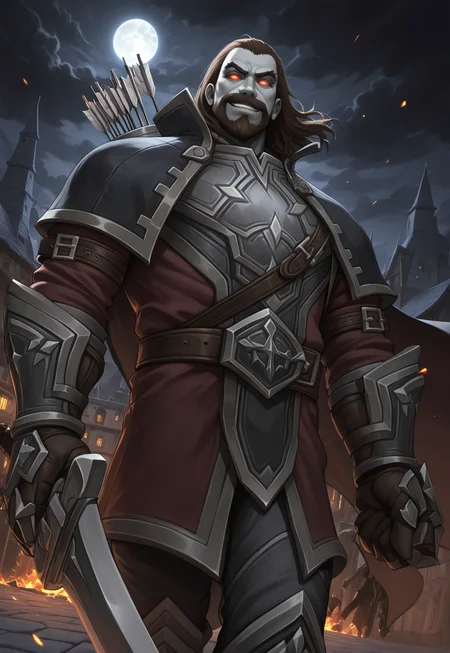 masterpiece, best quality, amazing quality, NathanosBlightcaller, grey skin, red eyes, glowing eyes, medium hair, facial hair, beard, cape, brown hair, armor, looking at viewer, smirk, cowboy shot, gauntlets, belt, dynamic pose, night, dilapidated old town, detailed background, bloom, dutch angle, sparks, dark clouds, quiver, walking towards viewer, gust of wind, moon, fire, holding a sword, below view,