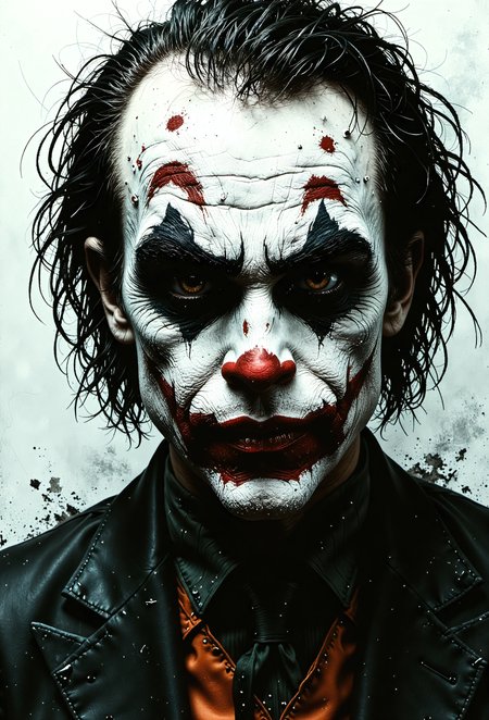 the Joker, portrait, energetically expressive, sad demeanor, evil intentions, bold brushstrokes, vibrant colors, exaggerated facial features, menacing smile, dark eyeliner, pale skin, red lips, chaotic background, abstract shapes, dynamic composition, high contrast, dramatic lighting, intense gaze, sinister atmosphere devast8_V2