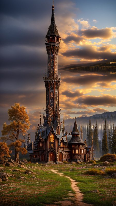 Tribal style, 
Gothic style, 
Masterwork Painting, Magnum Opus, 
 <lora:Wizard_Tower:0.75> witow, castle, cloud, cloudy sky, grass, no humans, scenery, sky, tower, tree, 
<lora:Fantasy_Mountains:0.75> fanmou, footprints, forest, grass, nature, no humans, outdoors, sky ,
  highres, 8k, uhd, High Dynamic Range, tonemapping, crisp details,  intricate details, fine details,
. Dark, mysterious, haunting, dramatic, ornate, detailed,
. Indigenous, ethnic, traditional patterns, bold, natural colors, highly detailed