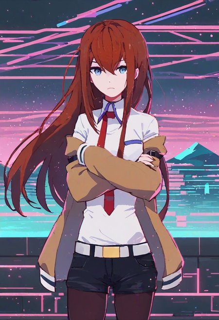 <lora:RetroWave_PonyXL:1> score_9, score_8_up, score_7_up, score_6_up, source_anime, mountainous horizon, sunset, neon lights, cityscape, 1girl, looking at viewer, neon trim, MinimalStyle, retrowave, ((Makise_Kurisu)), brown jacket, off shoulder, white shirt, red necktie, black shorts, pantyhose, legwear under shorts, white belt, makise kurisu, blue eyes, crossed arms