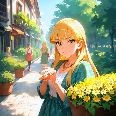 (score_9_up, score_9, score_8_up, score_7_up), ((masterpiece)), ((best quality)), 2girls, young girl and mother, holding hands in a park surrounded by flowers, sincere joy, eye contact, nurturing energy, front porch with potted plants, pale greens and pinks with earthy neutrals, light watercolor illustration, Rika Jougasaki, Blonde hair, green eyes, Long hair, Fair skin, Stylish clothing, Necklace, Earrings, Mature appearance, Confident expression, Manicured nails, jgskrk,