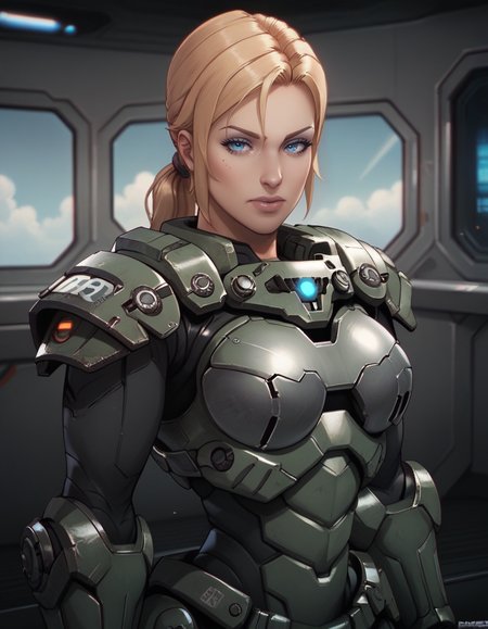 score_9, score_8_up, score_7_up,     
1girl, solo,
icesstdg,
blonde hair, blue eyes, looking at viewer, ponytail, 
half-closed eyes, 
spacecraft interior, science fiction, 
armor,  black bodysuit, gauntlets,
 <lora:Ice SS Troopers PXL v01-000001:1>