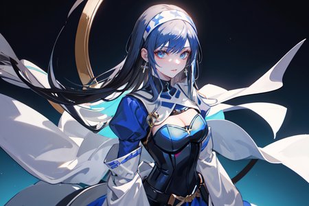highly insanely detailed, masterpiece, top quality, best quality, highres, 4k, 8k, RAW photo, (very aesthetic, beautiful and aesthetic),  
beth_\(megami_tensei\),bethsmtii,shin megami tensei ii,long hair,black hair,straight hair,sleek black,jewelry,cross,headband,red_lipstick,messian_cross_earrings,cross_earrings,religious_earrings,messian_symbol_jewelry,white cape,cape_with_messian_symbol,Religious_cape,messian_symbol_cape,holy_knight_cape,bandana_with_messian_symbol,Religious_bandana,symbol_headband,messian_church_bandana,Blue_dress,armored_corset,blue shirt, 
<lora:zs_Beth:0.3>, 
(1girl:1.3), 1other, 
neon red background,neon orange background,neon black background,(colored marble background,gradient background),âââ