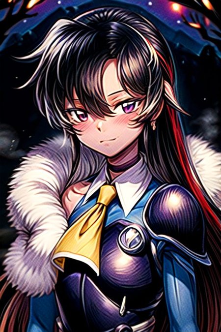 best quality 1girl Setsun4 solo long hair,  (night time) forest background black hair very long hair purple eyes multicolored hair armor, small, (fur trim) (medium body),<lora:EMS-179-EMS:0.800000>,<lora:EMS-293862-EMS:0.800000> bow, hair_bow, hair_tubes, red_bow, brown_hair, long_hair, bangs, ascot, frilled_bow, yellow_ascot, blush, smile, hair_between_eyes, athletic, armor, miko, strengthmda,  Smiling, happy, helmet