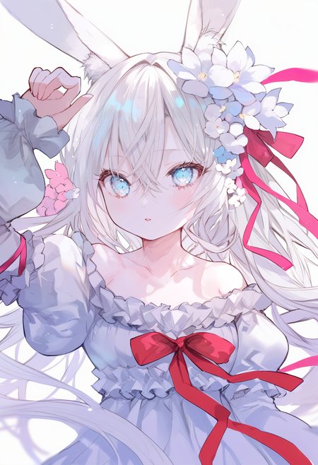 score_9, score_8_up, score_7_up, score_6_up, <lora:oninekoXL_TPN55_lokr_V43P1:0.95>   1girl, animal ears, solo, hair flower, rabbit ears, flower, long hair, hair ornament, dress, long sleeves, ribbon, white dress, looking at viewer, white hair, white background, puffy sleeves, blue eyes, collarbone, hair between eyes, off shoulder, red ribbon, blush, simple background, white flower, arm up, frills, rabbit girl, animal ear fluff, upper body, very long hair, parted lips, pink ribbon