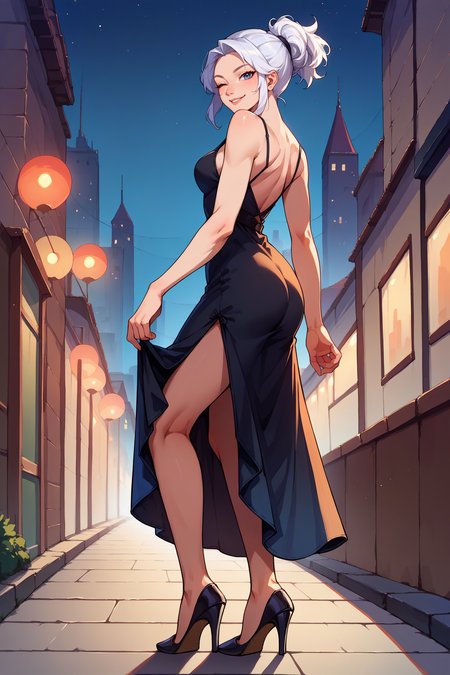 score_9, score_8_up, score_7_up, score_6_up, source_anime, 1girl, solo  <lora:valorantjett-pdxl-nvwls-v1-000005:1> valJett, white hair, short ponytail, grey eyes, blue eyes, black dress, long dress, ass, from side, medium breasts, high heels, full body, city, night, wink, smile, looking at you