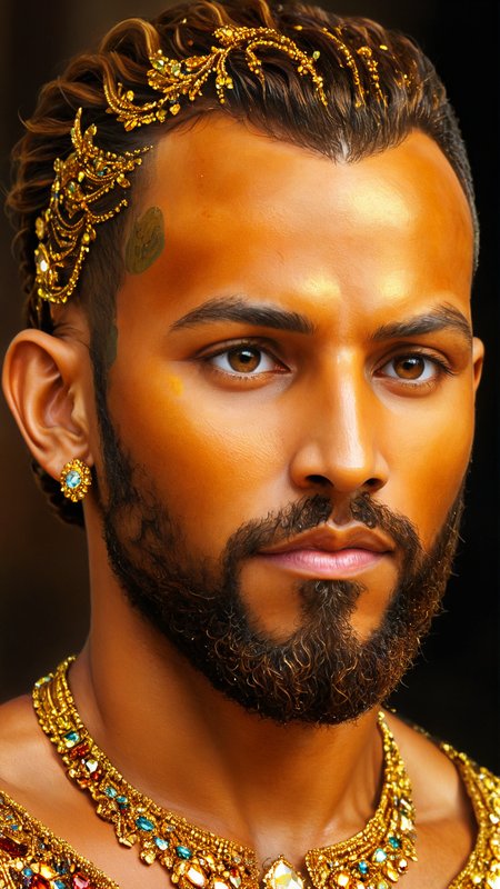 Intricate picture of <lora:miguel_bojorquez:1>, a tawny, tan colored Hispanic man with a full beard and a receding hairline, portrait made of a golden illustration with deep, dark shimmering colors and shiny jewels with intricate details,  <lora:xl_more_art-full_v1:1>,  <lora:extremely_detailed:0.4>,  <lora:add-detail-xl:1>.  <lora:Roboticizer:1>