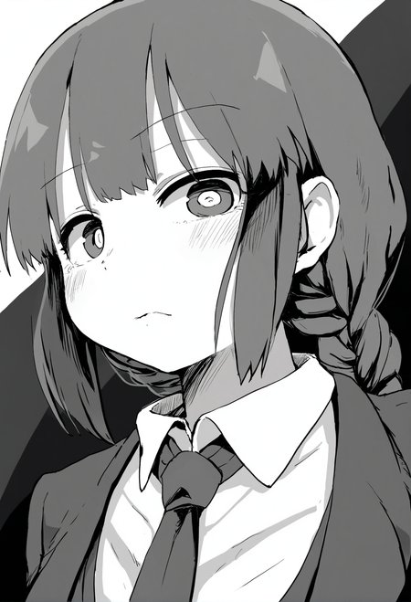 masterpiece, hyper detailed, best quality,(furry:1.3),1girl, monochrome, greyscale, makima \(chainsaw man\), solo, ringed eyes, looking at viewer, bangs, simple background, white background, collared shirt, shirt, close-up, braided ponytail, closed mouth, medium hair, braid, expressionless, formal, necktie, portrait, sidelocks  ,<lora:DAGASIXLlokr8f-000188:0.95>