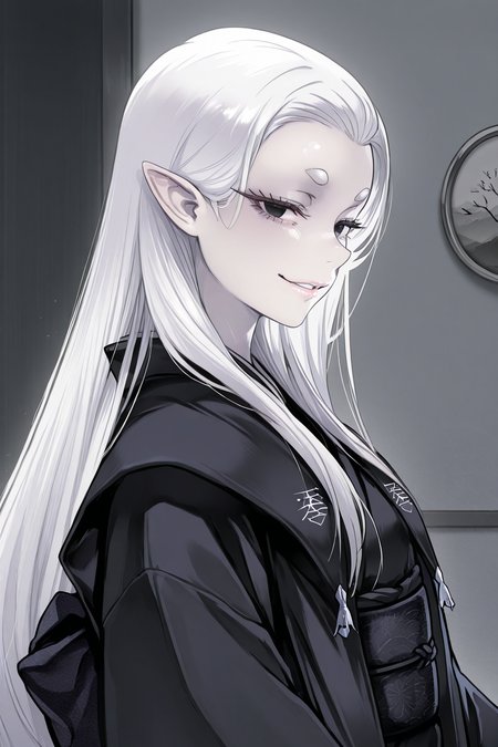 1girl,
CureNinjaSlayer, 
general, solo, from side, upper body, 
long hair, white hair, short eyebrows, black eyes, eyelashes,
pale skin, lips, 
black kimono, frills, obi, 
looking at viewer, evil smile,  
grey theme, japan, luxuriou room,
<lora:kp_CureNinjaSlayerIllustrious_v1_0:1.0>,
masterpiece, best quality, amazing quality