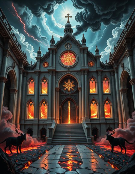 A once-majestic celestial temple, now under siege by the forces of Hell. The grand white stone structure is cracked and scorched, its golden crosses twisted and broken. The stained-glass windows, once glowing with warm divine light, are now shattered, with demonic symbols glowing ominously in their place. The sky, once a serene blue, is now consumed by dark storm clouds, swirling with red lightning and thick smoke.
Black, jagged chains extend from the sky, wrapping around the temple as if trying to pull it down into the abyss. The once-fluffy clouds beneath the structure are now a chaotic mix of fire, ash, and dark mist, with glimpses of molten lava cracks below. Infernal creatures with glowing red eyes lurk in the shadows, their silhouettes barely visible through the smoke and fire.
The temple doors are blown open, revealing an eerie red glow emanating from within, as if Hell itself is consuming the sacred space. Massive demonic runes are etched into the stone, pulsating with an unholy energy. The entire scene is bathed in a deep crimson and orange glow, giving it an apocalyptic and nightmarish atmosphere.
Style & Lighting:
- Dark fantasy, highly detailed
- Dramatic, high-contrast lighting with fiery glows
- Cinematic composition, epic scale
- Strong use of shadows, embers, and atmospheric foghighly detailed and atmospheric view from inside a massive birdcage, large enough for a human to stand inside. The cage is made of ornate, aged metal bars with intricate Victorian-style patterns, curving elegantly towards the domed ceiling. Sunlight filters through the gaps between the bars, casting long, dramatic shadows on the wooden floor. Delicate vines and small flowers have begun to grow around the bars, adding a touch of nature reclaiming the space. The background beyond the cage is blurred, hinting at a lush garden or a mysterious, abandoned mansion. The ambiance is serene yet slightly melancholic, with warm golden light illuminating dust particles floating in the air. Soft feathers are scattered on the floor, adding to the sense of quiet abandonment. The perspective makes the viewer feel as if they are inside the cage, looking outward, surrounded by both beauty and confinement. The style is highly detailed and realistic, with a cinematic and slightly surreal atmosphere.
<lora:SDXLFaeTastic2400:0.4> <lora:extremely_detailed:0.4> extremely detailed, <lora:evil_celestial_t3mpl3-i:1>,evil celestial t3mpl3, Masterpiece,best quality,hi res,8k,hi res,8k,award winning,(sharp focus, intricate, highly detailed),