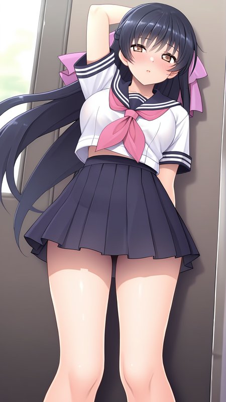 amazing quality,absurdres,best quality,masterpiece,highres,newest,detailed,detailed body,detailed face,masterpiece,best quality,solo,
Misono Rokujo,1girl,solo,school uniform,long hair,black hair,serafuku,brown eyes,skirt,bow,<lora:å­æ¡ç¾å:0.8>,