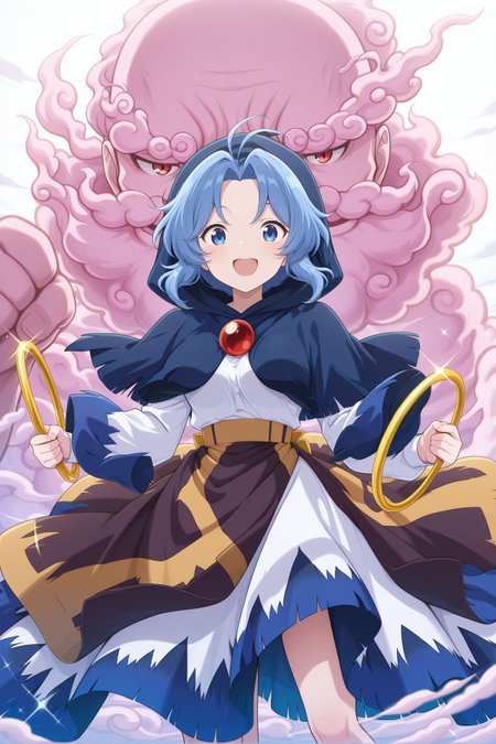 absurdres, highres, masterpiece, best quality, amazing quality, official anime artwork, screencap, anime screencap, 
<lora:Ichirin-Kumoi_Illustrious:1> kumoi ichirin, 1girl, solo, blue eyes, blue hair, short hair, antenna hair,, blue capelet, hooded capelet, hood up, white dress, long sleeves, holding hoop,
outdoors, looking at viewer, open mouth, happy, dynamic pose, unzan, sparkle, light particles, serious, smile,
