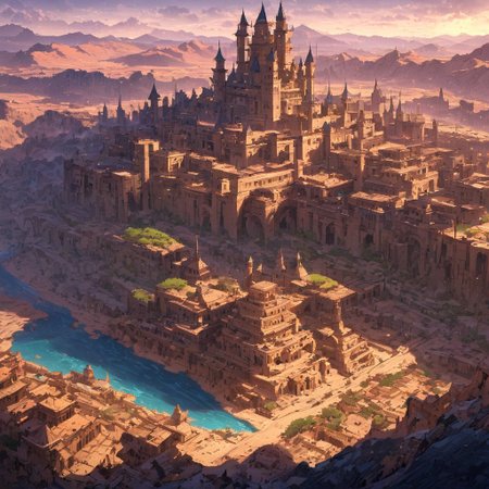 masterpiece, ancient city, towers, buildings, castle, landscape, epiCPhoto, epic proportions, towers, Roman architecture, desert, two moons, river, giant crocodile, easynegative