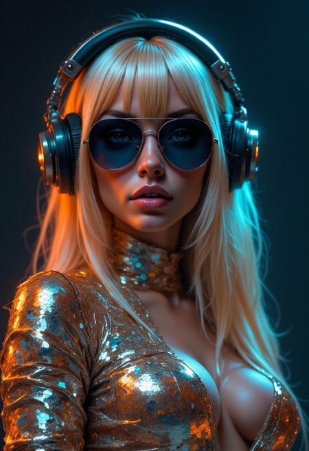 Photorealistic portrait of a stylish young woman wearing a futuristic golden sequined bodysuit that catches the light, creating a metallic, mirror-like effect. She has long, straight blonde hair with bangs framing her face, and is wearing large, reflective blue-tinted aviator sunglasses. Over her head, she wears oversized, high-tech headphones with metallic accents, giving a modern, cyber aesthetic. The background is a solid dark color, enhancing the glow and reflective quality of her outfit. Her expression is calm and confident, radiating a cool, futuristic vibe
aidmafluxpro1.1 <lora:aidmaFluxPro1.1Stylev0.2:0.55> <lora:Dever_Flux_Enhancer:0.5> 
she does not have a middle part    <lora:Niji B:0.6>