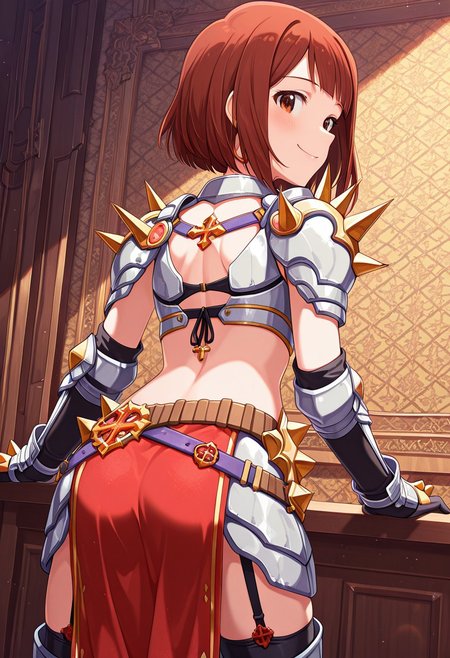 masterpiece, best quality, very aesthetic, absurdres, newest,
mirishita, kotoha, 1girl, (medium bob hair), (medium breasts:0.5), (cleavage:0.75),
(happy:0.25), (seductive smile:0.25), (blush:0.25), intricate, vivid, complex, ultra-detailed,
Cowboy shot, (from behind: 1.5), looking back, smile, 
Standing with legs apart, seductive posing,
runeKnightRO, armored dress, armored skirt, navel, midriff, garter straps, gauntlets, jewelry, pauldrons, belt, red pelvic curtain, loincloth, cross necklace, shoulder spikes, front-tie top, breastplate, black gloves, vambraces, armored boots,
highly detailed background, complex background,