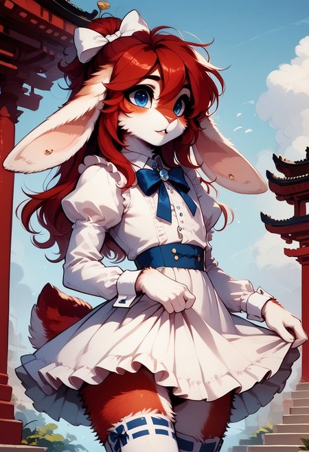 score_9, score_8_up, score_7_up, 
Huggles, 1boy, solo, furry male, rabbit boy, rabbit ears, rabbit tail, red hair, long hair, blue eyes, jyojifuku, dress, frills, ribbon, hair bow, thighhighs, MegaFluffyPony, furry, fluffy, skirt lift,
highly detailed, intricate, zzCitronCAT, outdoors, temple, pagoda