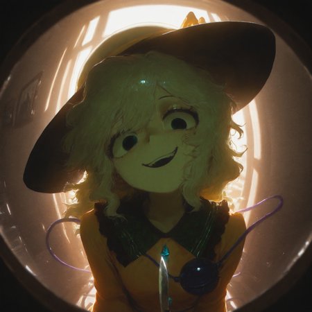 (((backlight))), darken face, 1girl, komeiji koishi, hat bow, hat ribbon, empty eyes, detailed eyes, evil smile, head tilt, looking at viewer, holding kitchen knife, knife near face, stare into your soul, peephole frame, (fisheye, fish eye:1.2), (close up:1.3), portrait, face focus, upper body, dynamic pose, threatening, tense, horror, psycho, obsessive, insane, apartment hallway, perspective, dimly lit, glow, limited palette, low gamma, high contrast, (chiaroscuro:1.3), (film grain:1.3)