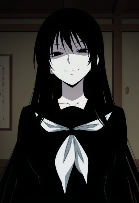1girl,solo,mm,mature female,pale skin,black hair,long hair,black eyes,large breasts,anime coloring,
black serafuku,school uniform,upper body, smile,looking at viewer, indoors
,masterpiece,best quality,amazing quality,<lora:Hagoromo_Gitsune-Nurarihyon_no_Mago_r2:0.8>