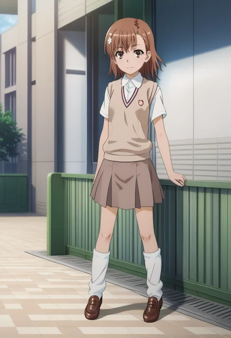 newest, masterpiece, best quality, 4k,
outdoors, very aesthetic, detailed background, full body,
1girl, solo,  <lora:MisakaPony:1> m1saka, misaka mikoto, brown hair, short hair, hair ornament, brown eyes, tokiwadai school uniform, brown sweater vest, school emblem, loose socks, white socks, brown loafers,