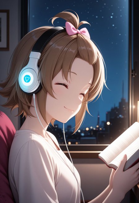 masterpiece,best quality,absurdres,highres,very aesthetic,high quality,detailed,insanely detailed,beautiful,perfect lighting, looking at viewer, looking at viewer, smile,
, very awa < <lora:Hideko Yamashita illu:1> 1girl, brown hair, short hair, hair bow, pink bow, closed eyes, casual oufit, upper body, sit, loffy girl, headphone, listening music, reading book, windows, night, from side,