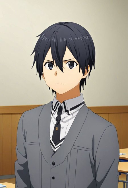 high resolution, professional photography, best quality, 1Boy, Kirigaya Kazuto, Black Hair, Black Eyes, overalldetail, classroom, school, school uniform