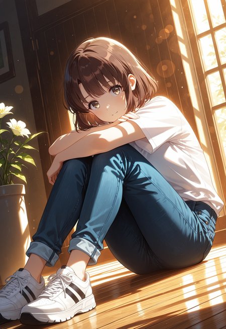 safe_pos, dynamic view, dutch angle, dynamic angle, cinematic framing, (digital painting:0.8), auralora, (aura:0.2), mythp0rt, bokeh, (luminescent background:0.8), 

elegant, masterpiece, best quality, highly detailed, high contrast, dramatic shadows, raytracing, subsurface scattering, 

gentle smile, sitting on wooden floor, knees bent, arms resting on knees, relaxed posture, wearing oversized white T-shirt, loose-fitting rolled-up jeans, white sneakers, flower pots, green leaves, sunlit garden setting, soft and bright lighting, relaxed and peaceful mood, looking at viewer, 

(solo), 1girl,Megumi <lora:IL-KatoMegumi:0.8>,brown hair,katou megumi,brown eyes,medium breasts,short hair, ((detailed eyes))