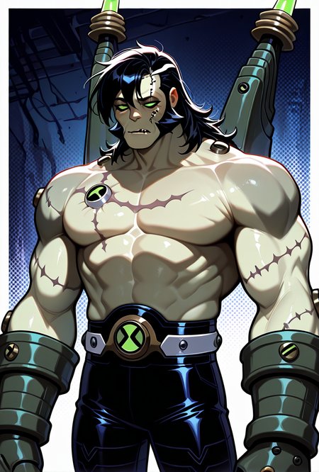<lora:frankenstrike-10:1> frankenstrike, solo, black hair, colored skin, muscular, 1boy, scar, topless male, gauntlets, long hair, , belt, stitches, pants, bolts, sideburns,, upper body, halftone effect, white borders, abstract background:1.2,, masterpiece, best quality, amazing quality, very aesthetic, absurdres, newest,