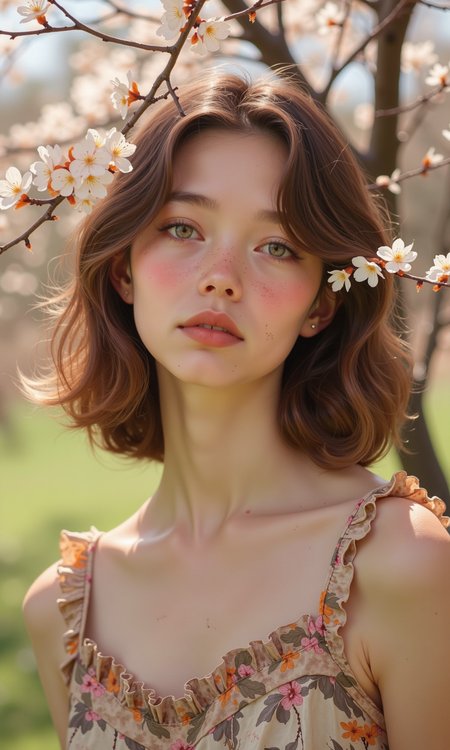 Close-up of a young woman outdoors. 
The woman has shoulder-length, light brown, wavy hair that frames her face.  Her expression is calm and neutral. Her eyes are a light hazel or green color, and her skin is fair with a subtle rosy glow. She has a delicate, almost ethereal quality.
She is wearing a sleeveless top with a light beige/cream-colored background and a floral print in muted pinks, oranges, and browns. The top has ruffles or frills at the neckline and the straps. 
The background is out of focus, but consists of the branches and blossoms of a tree, likely a cherry or similar flowering tree, in soft, natural light. The background colors are predominantly light beige, cream, and soft greens giving a soft, pastoral/springtime feel. 
The lighting suggests sunlight, casting a warm glow on the subject and the surrounding area. The shallow depth of field keeps the focus primarily on the woman's face and upper body.
<lora:FLUX-daubrez-DB4RZ-v2:1> DB4RZ, DB4RZ style painting