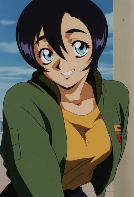 source_anime,masterpiece, best quality,  retro_artstyle, 1990s_\(style\),official art,perfect_anatomy,1girl,Pala Sys,black_hair,blue_eyes,short_hair,bangs,yellow_shirt,green_jacket,medium_breasts,pants,(detailed face and eyes,shy,grin),(upper body),close to viewer,outdoor,sky