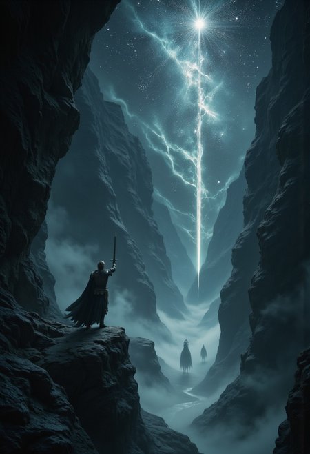 Whispers of a forgotten realm: a lone knight stands on a cliff's edge, overlooking a dark, shimmering abyss filled with swirling mists and ghostly lights. The knight, clad in tarnished armor, holds an ancient sword aloft, its blade reflecting the fragmented stars above. Below, shadowy figures emerge from the fog, revealing an ancient curse that ha befallen the land. The atmosphere is dense with anticipation, capturing a poignant moment as the knight prepares to face the unknown, evoking both bravery and despair.aidmaimageupgrader,Midjourney_Whisper,aidmaMJ6.1