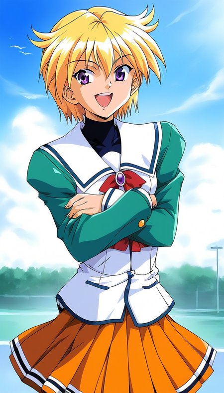 score_9, score_8_up, score_7_up, source_anime, rating_explicit, BREAK  <lora:Ijuin_Mei_XL:1> Ijuin_Mei, blonde hair, short hair, purple eyes,
1girl, solo, skirt, crossed arms, orange skirt, open mouth, pleated skirt, 1990s (style), school uniform, smile, green long sleeves, white shirt,
day, sky,