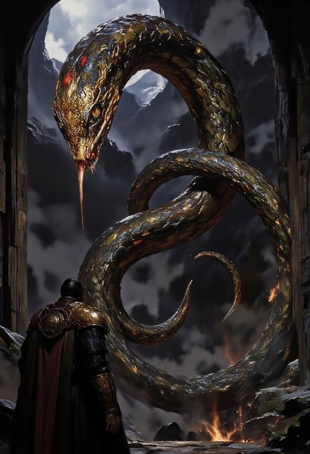 epic fantasy scene, large serpent with intricate golden jewelry and red gemstone, coiled intricately, rocky cave, dim lighting, misty atmosphere, realistic style, digital painting, fantasy art, detailed textures, cave walls with rough surfaces, serpent's scales glistening, human figure in medieval armor, holding a spear, cave floor with scattered rocks, background with fog and shadowy mountains, dramatic lighting, mysterious and ominous mood, high level of detail, artist: unknown, fantasy setting, adventure, exploration, mythical creature, perilous encounter, adventure game-like, ancient ruins, dark and mystical environment, epic confrontation, mythical beast, danger and bravery, dramatic scene, powerful visual impact