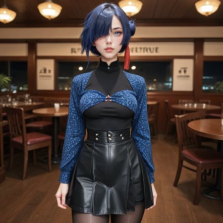 score_9_up, score_8_up, score_7_up, (masterpiece), (best quality), (ultra-detailed), (very aesthetic:1.2), intricate details, perfect composition, absurdres,
one girl, <lora:Xiao_Xinyue:0.8> , Xiao Xinzyue, blue hair, blue eyes, mole under eye, hair over one eye, single hair bun, medium breasts,  
looking at viewer, standing up, 
leopard print long sleeve top, high waist long black leather skirt, black pantyhose,  black chunky platform ankle boots, blushing, looking at viewer, restaurant scene,
<lora:Expressive_H-000001:0.8>, expressiveh,